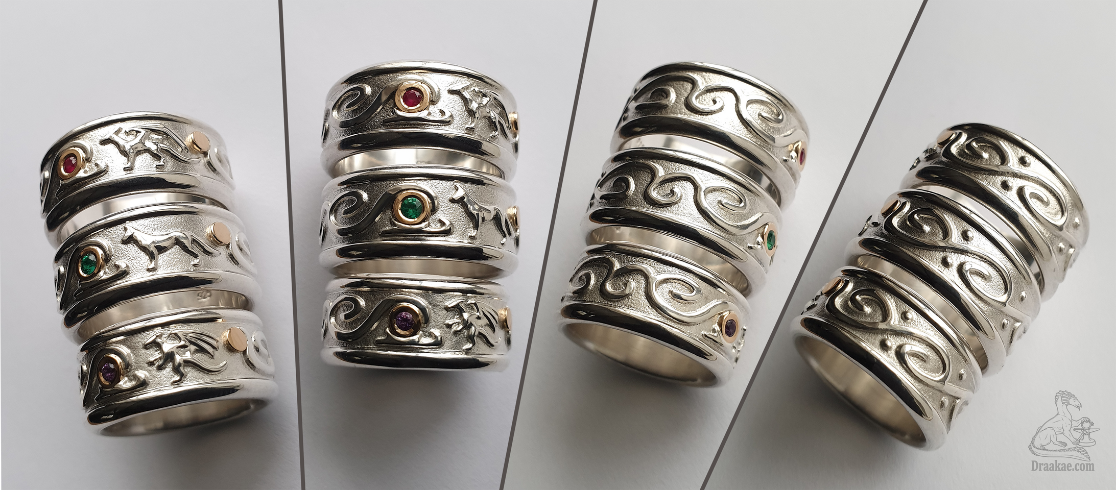 Silver, 18k gold details, ruby, emerald and amethyst gemstones